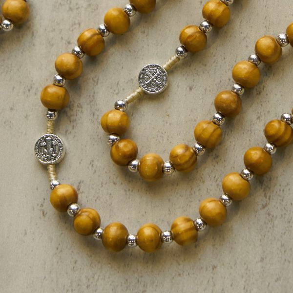 St. Benedict Pendant & INRI Crucifix of 8mm Brown Wooden Beads Hemp Cord Rosary