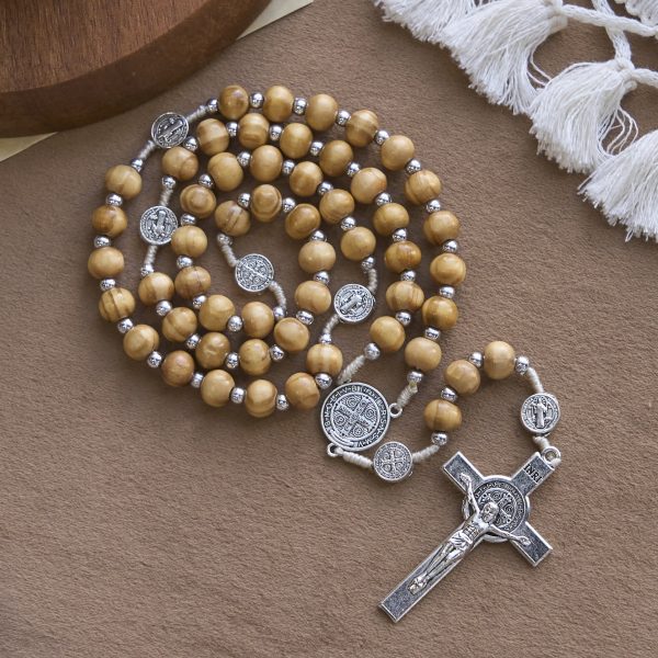 St. Benedict Pendant & INRI Crucifix of 8mm Brown Wooden Beads Hemp Cord Rosary