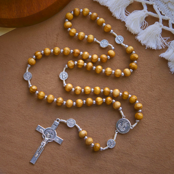 St. Benedict Pendant & INRI Crucifix of 8mm Brown Wooden Beads Hemp Cord Rosary