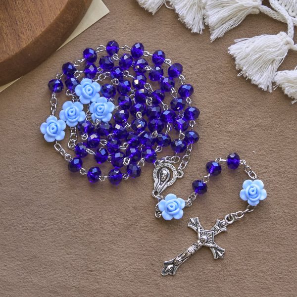 Floral Rose Beads and 8mm Multicolor Polyhedral Rosary with Virgin Mary Charm & Crucifix