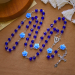 Floral Rose Beads and 8mm Multicolor Polyhedral Rosary with Virgin Mary Charm & Crucifix
