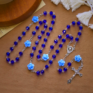 Floral Rose Beads and 8mm Multicolor Polyhedral Rosary with Virgin Mary Charm & Crucifix