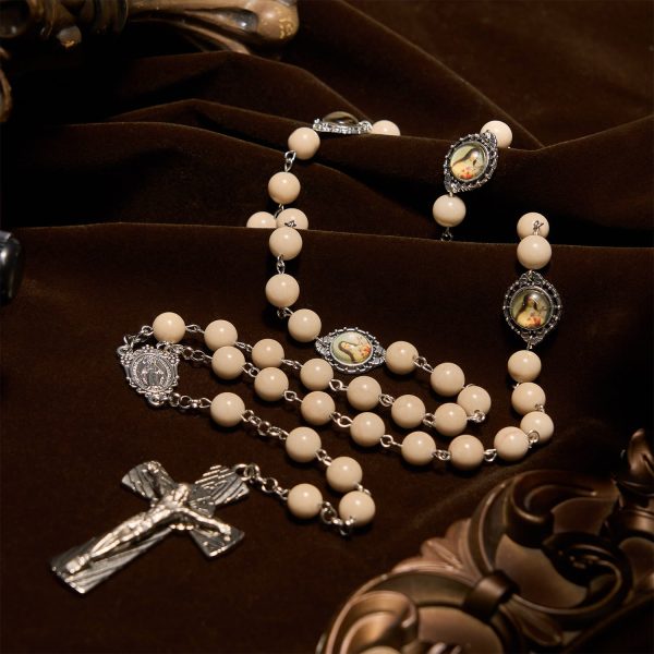 Minimalist St. Therese & Miraculous Medal Rosary of Polished White Stone with Crucifix