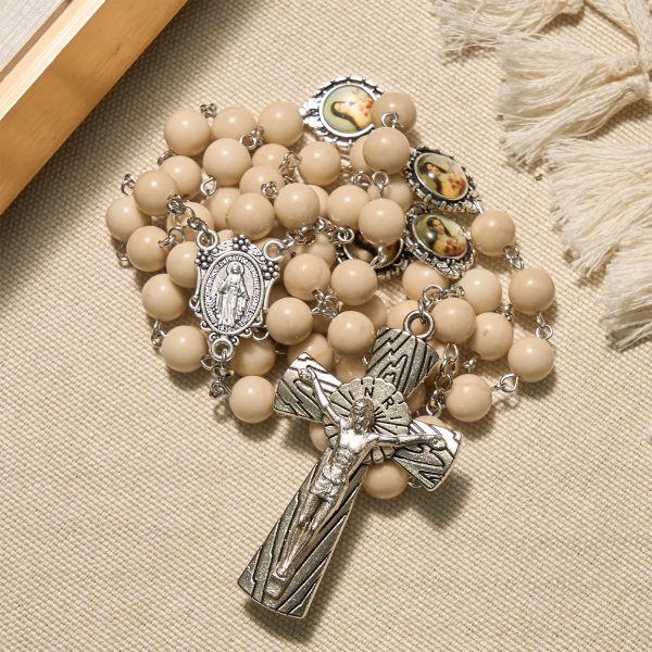 Minimalist St. Therese & Miraculous Medal Rosary of Polished White Stone with Crucifix