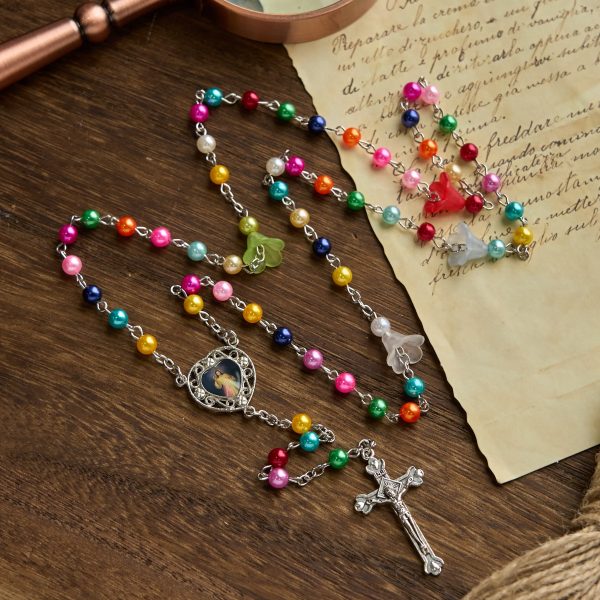 Artisan Vibrant Colorful Rainbow Beads Rosary with Divine Mercy Medal and Lily Accent