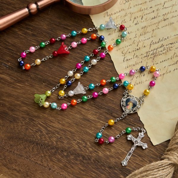 Artisan Vibrant Colorful Rainbow Beads Rosary with Divine Mercy Medal and Lily Accent