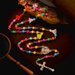Artisan Vibrant Colorful Rainbow Beads Rosary with Divine Mercy Medal and Lily Accent