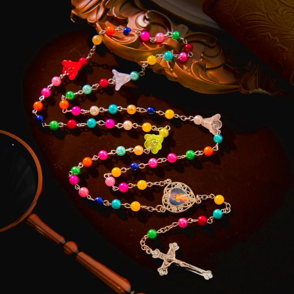 Artisan Vibrant Colorful Rainbow Beads Rosary with Divine Mercy Medal and Lily Accent