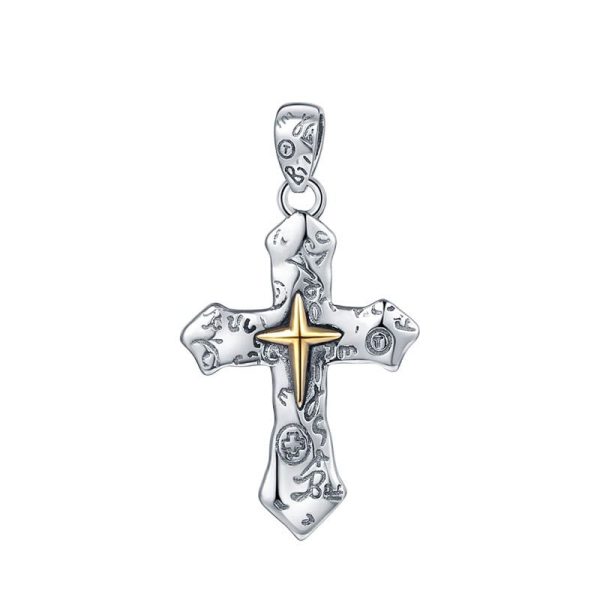 S925 Vintage Etched Cross Necklace with Spiritual Glyphs: Embrace the Spirit