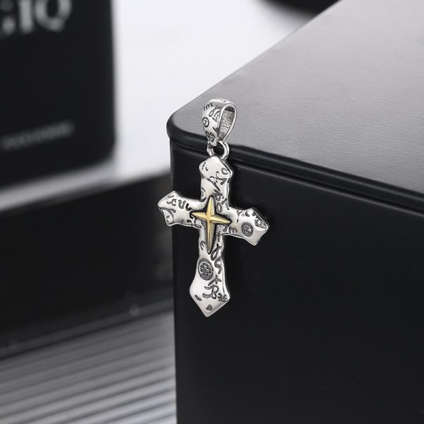 S925 Vintage Etched Cross Necklace with Spiritual Glyphs: Embrace the Spirit
