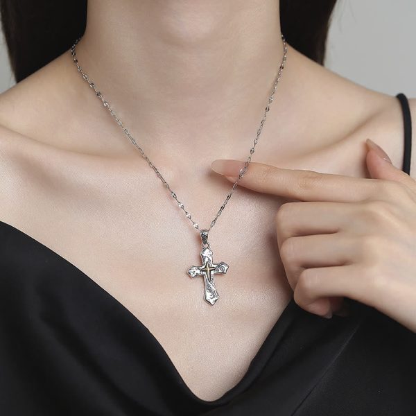 S925 Vintage Etched Cross Necklace with Spiritual Glyphs: Embrace the Spirit