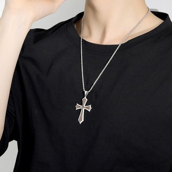 S925 Sharp Edge Cross Necklace with Vintage Amber Baroque Scroll Accents