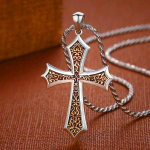 S925 Sharp Edge Cross Necklace with Vintage Amber Baroque Scroll Accents