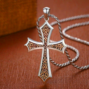 S925 Sharp Edge Cross Necklace with Vintage Amber Baroque Scroll Accents