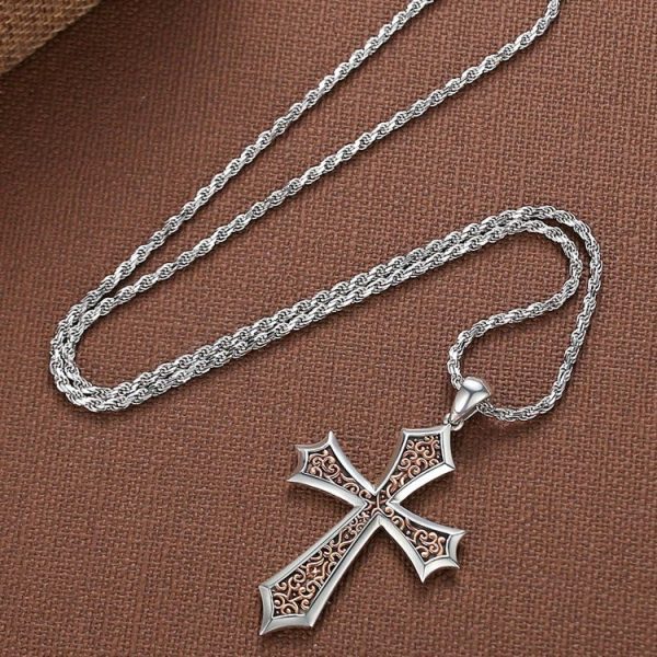 S925 Sharp Edge Cross Necklace with Vintage Amber Baroque Scroll Accents