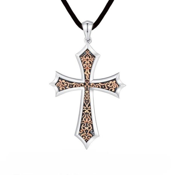 S925 Sharp Edge Cross Necklace with Vintage Amber Baroque Scroll Accents