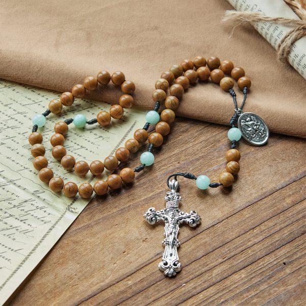Minimalist Mint and Brown Beads Rosary with St. Michael Medal & INRI Cross