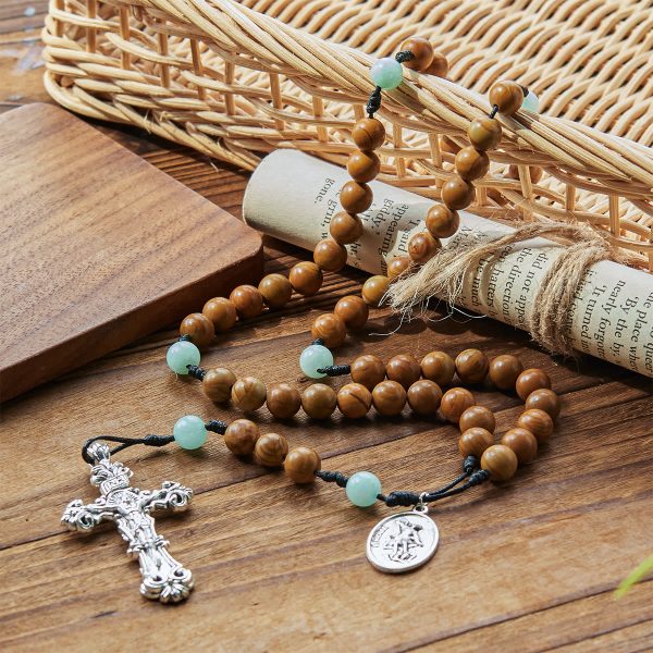Minimalist Mint and Brown Beads Rosary with St. Michael Medal & INRI Cross