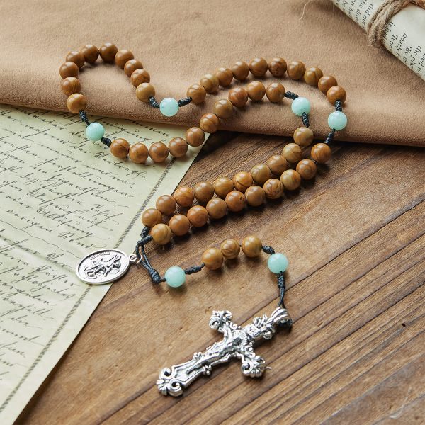 Minimalist Mint and Brown Beads Rosary with St. Michael Medal & INRI Cross