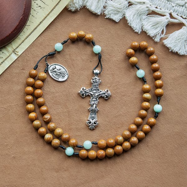 Minimalist Mint and Brown Beads Rosary with St. Michael Medal & INRI Cross