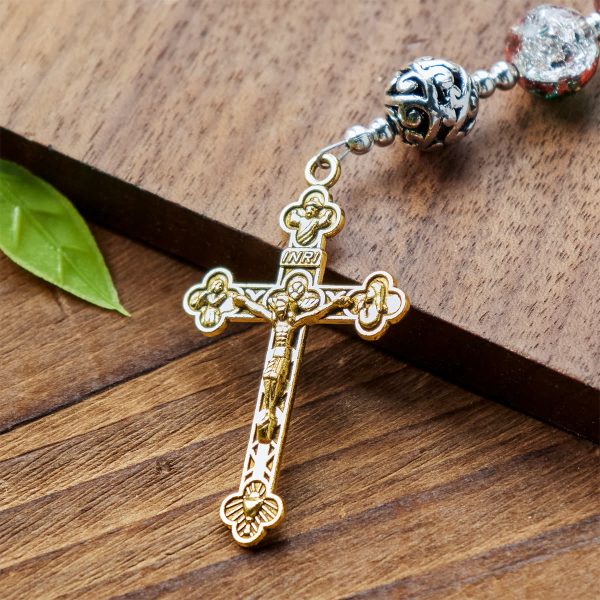 Christianartworkshop Gradient Multicolor Glass Bead & Brass Crucifix Rosary with Divine Mercy Medal