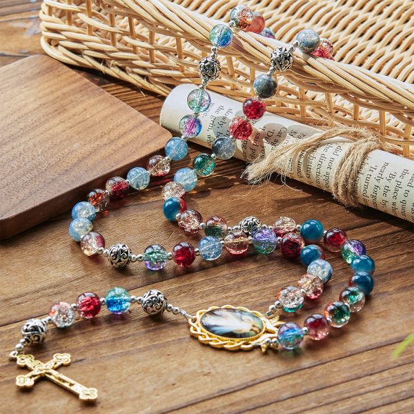 Christianartworkshop Gradient Multicolor Glass Bead & Brass Crucifix Rosary with Divine Mercy Medal