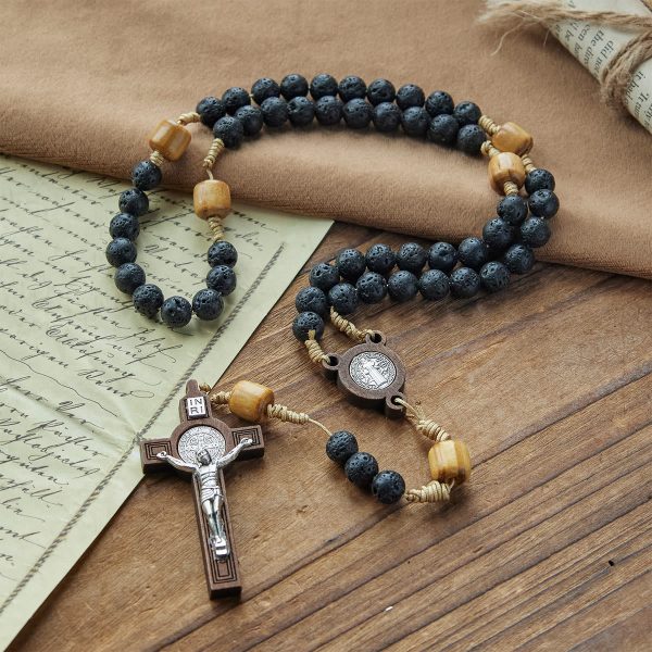 Christianartworkshop Natural Durable Volcanic Stone Rosary with St. Benedict Medal & Crucifix