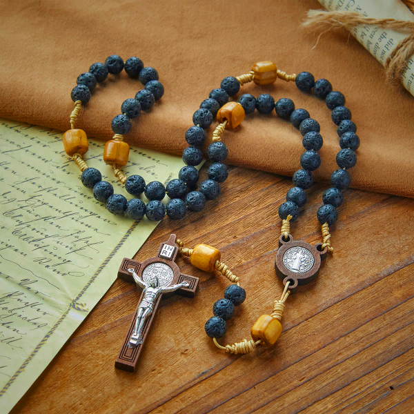 Natural Durable Volcanic Stone Rosary with St. Benedict Medal & Crucifix