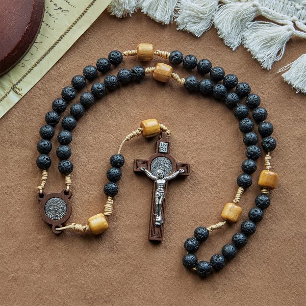 Christianartworkshop Natural Durable Volcanic Stone Rosary with St. Benedict Medal & Crucifix