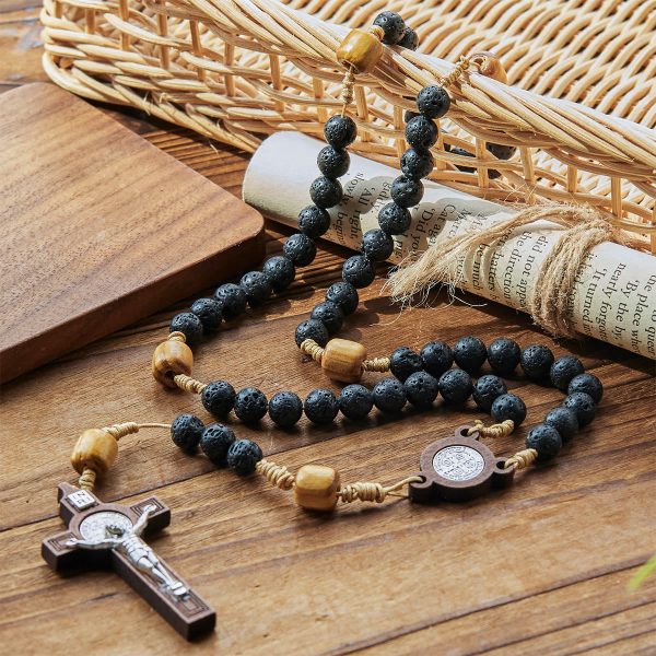 Christianartworkshop Natural Durable Volcanic Stone Rosary with St. Benedict Medal & Crucifix