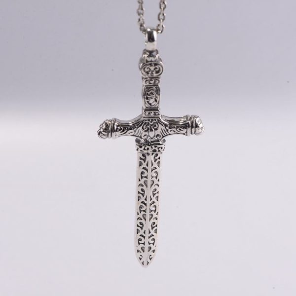 Christianartworkshop Vintage Sterling Silver Sword Cross Sacred Necklace with Medieval Etchings
