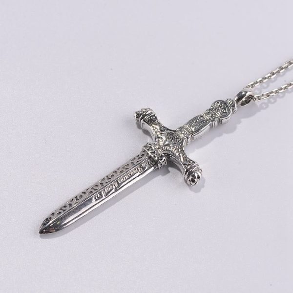 Christianartworkshop Vintage Sterling Silver Sword Cross Sacred Necklace with Medieval Etchings