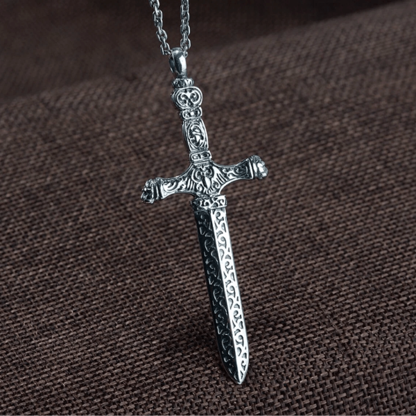 Christianartworkshop Vintage Sterling Silver Sword Cross Sacred Necklace with Medieval Etchings