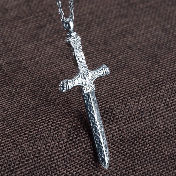 Christianartworkshop Vintage Sterling Silver Sword Cross Sacred Necklace with Medieval Etchings