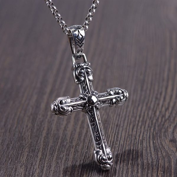 Christianartworkshop Thick Solid Sterling Silver Ornate Sword Cross Necklace with Gothic Scrolls