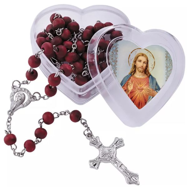 Sacred Heart of Jesus Wine Red Beads Rosary with Heart-Shaped Box