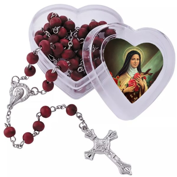 Wine Red Beads Rosary with Our Lady & Crucifix in St. Therese Heart-Shaped Box