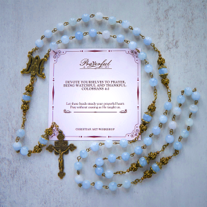 PRAYERFUL FAITH: Handmade Rosary with Light Blue Jade Beads and Brass with Gift Card