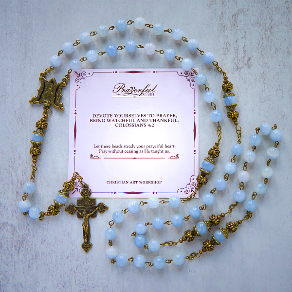 PRAYERFUL FAITH: Handmade Rosary with Light Blue Jade Beads and Brass with Gift Card