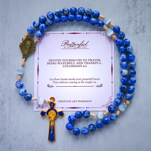 PRAYERFUL FAITH: Round Blue Stone Nylon Cord Rosary with Gift Card