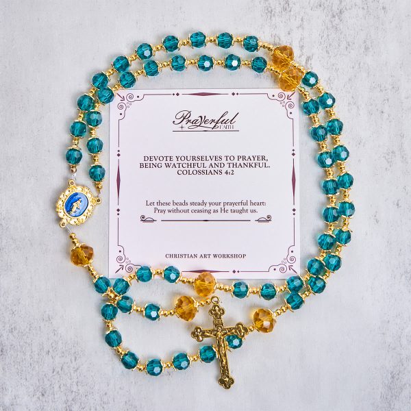 Jesus Is The Gift: Handmade Peacock Blue Crystal Beads Rosary with Gift Card
