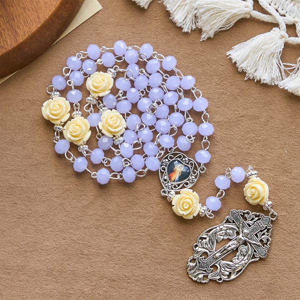 Christianartworkshop Elegant Rose Beads Rosary with Heart Shape Divine Mercy & Crucifix with Adoring Angels