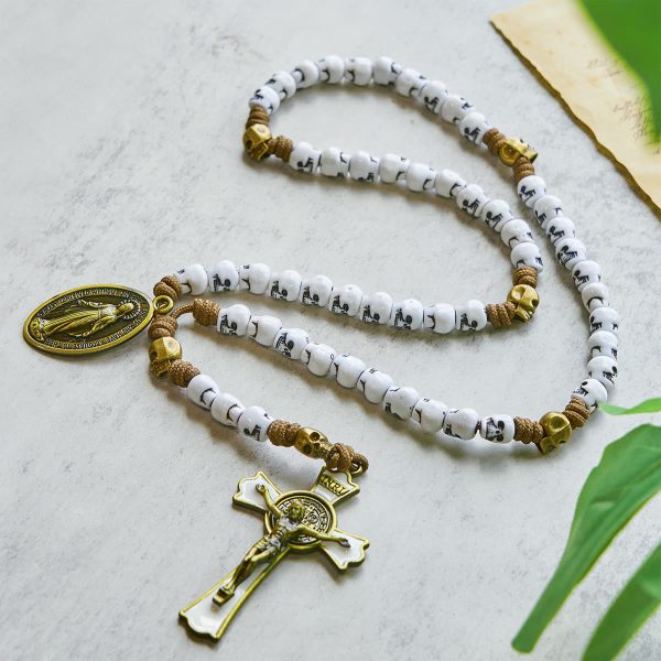 Christianartworkshop Rebel Style White Skull Beads with Miraculous Medal & INRI Crucifix Rosary
