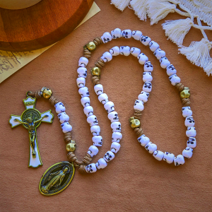 Rebel Style White Skull Beads with Miraculous Medal & INRI Crucifix Rosary