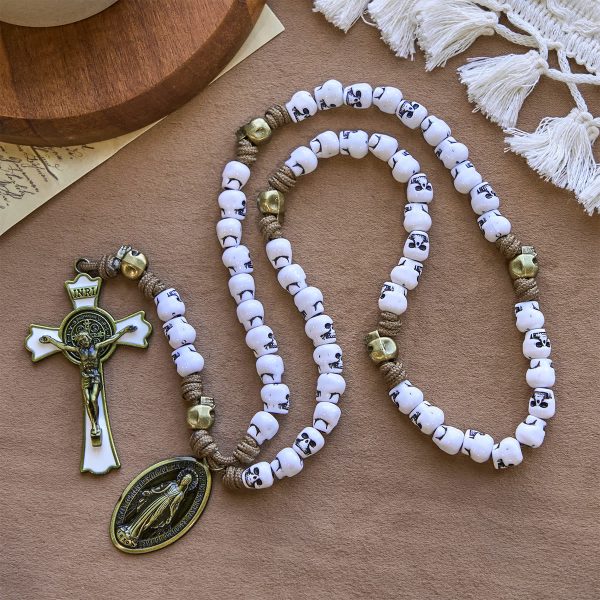 PRAYERFUL FAITH: Rebel Style White Skull Beads Rosary with Gift Card