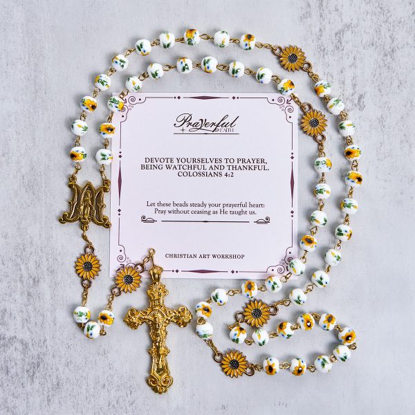Christianartworkshop Jesus Is The Gift: Handmade Sunflower-Inspired Yellow Floral Rosary with Gift Card