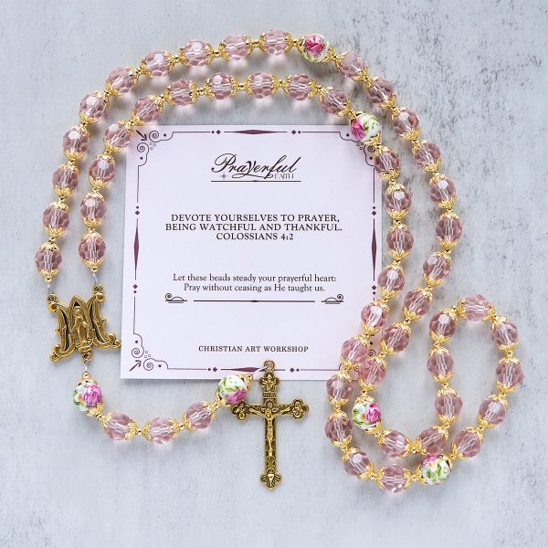 Christianartworkshop Jesus Is The Gift: Pink Crystal Beads Crucifix & Virgin Mary Rosary with Gift Card
