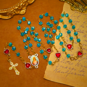 Sacred Heart of Jesus & Crucifix of 6 mm Polyhedron Blue Glass Alloy Chain Rosary