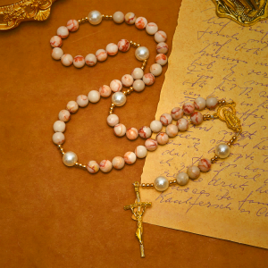 Matte Pink Zebra Jasper and Pearl Rosary with Miraculous Medal and Crucifix