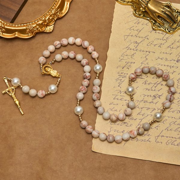 Christianartworkshop Matte Pink Zebra Jasper and Pearl Rosary with Miraculous Medal and Crucifix